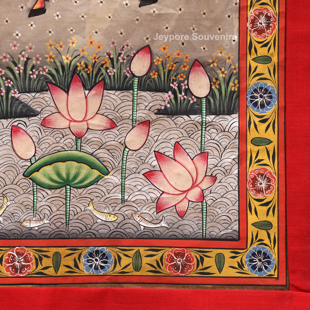 Handcrafted Krishna Flute Pichwai Painting with Cows &amp; Lotus Garden