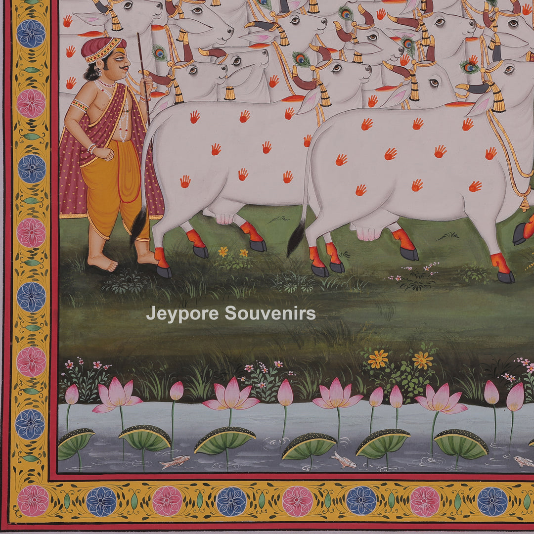 Shrinathji Playing Flute with Cows And People - Hand-Painted Pichwai