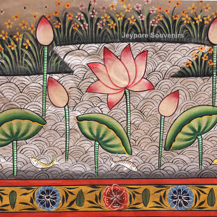 Handcrafted Krishna Flute Pichwai Painting with Cows &amp; Lotus Garden