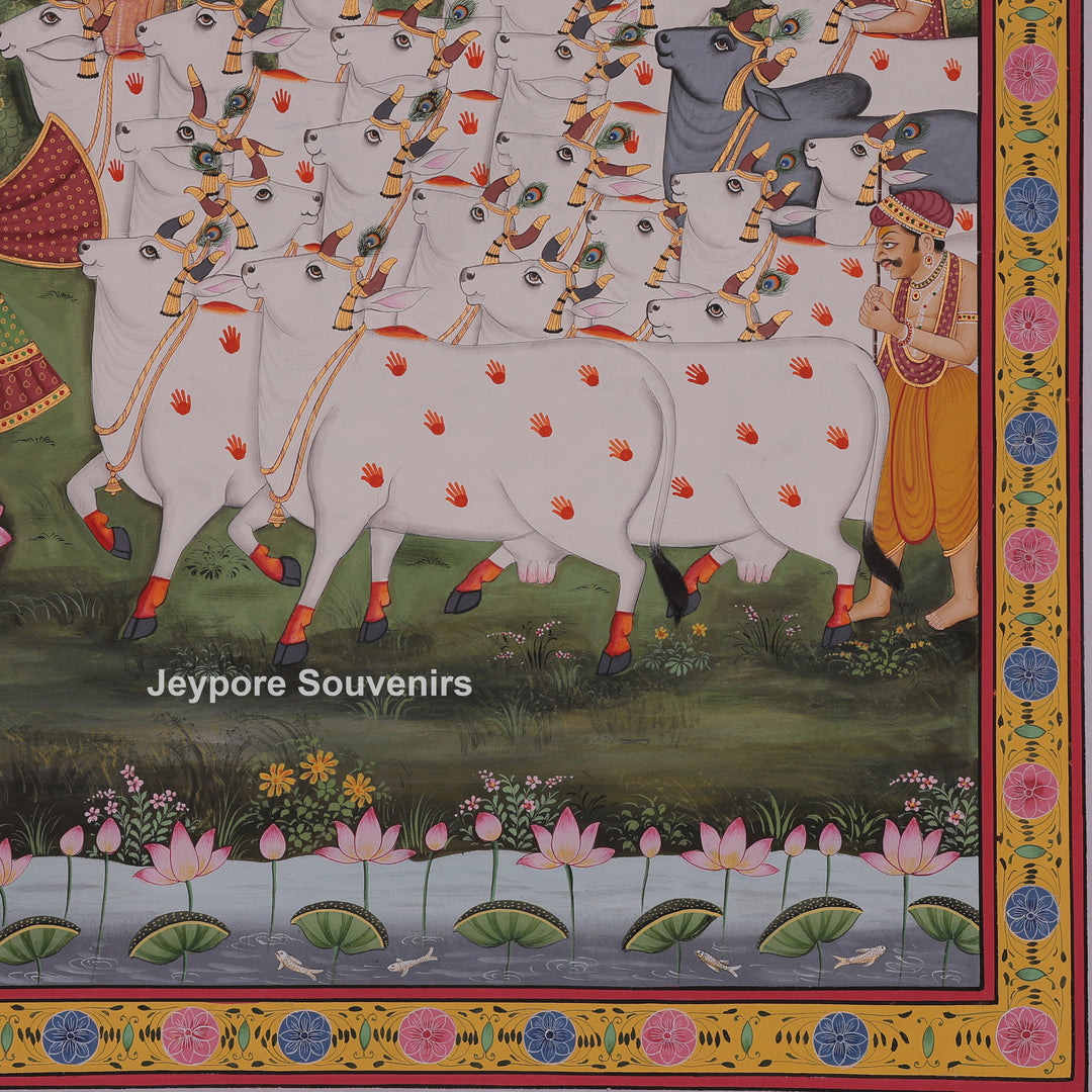 Shrinathji Playing Flute with Cows And People - Hand-Painted Pichwai