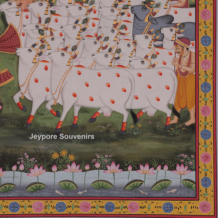 Shrinathji Playing Flute with Cows And People - Hand-Painted Pichwai