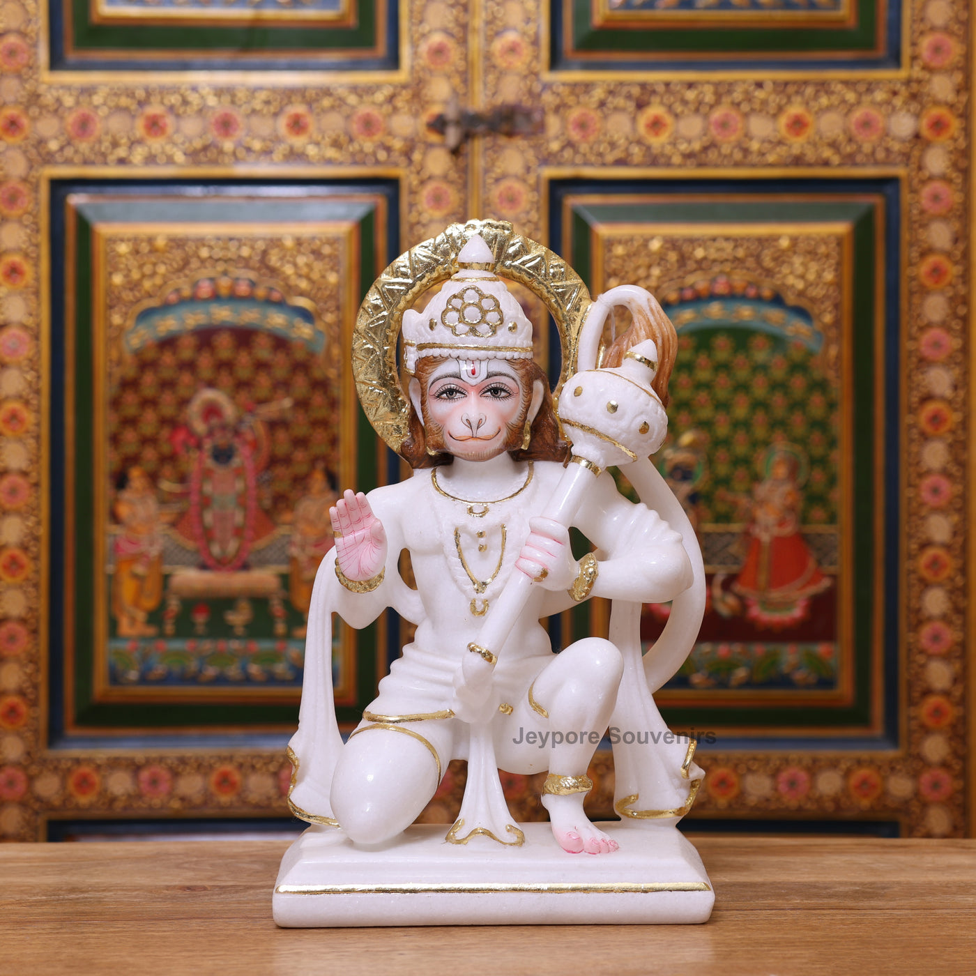 15" Exquisite White Marble Lord Hanuman Idol With Real Gold Leaf Work