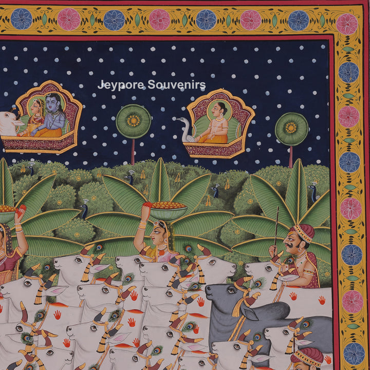 Shrinathji Playing Flute with Cows And People - Hand-Painted Pichwai