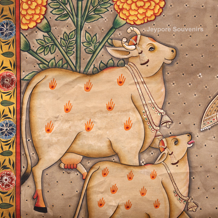 Handcrafted Krishna Flute Pichwai Painting with Cows &amp; Lotus Garden