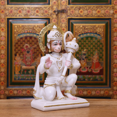 15" Exquisite White Marble Lord Hanuman Idol With Real Gold Leaf Work