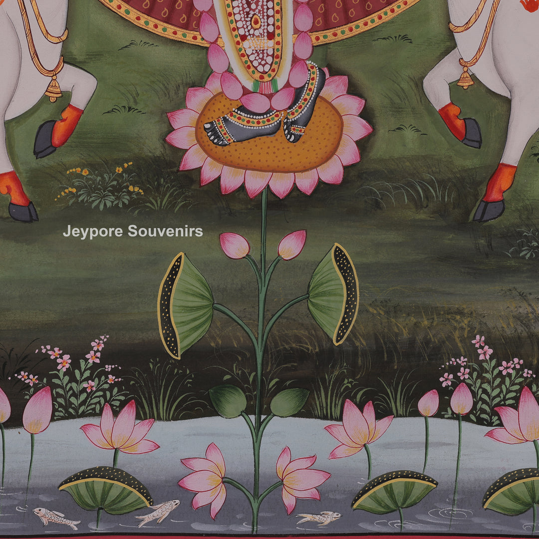 Shrinathji Playing Flute with Cows And People - Hand-Painted Pichwai