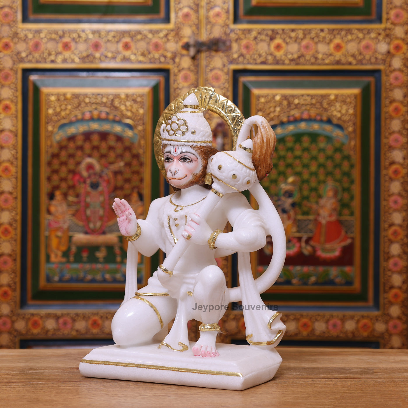 15" Exquisite White Marble Lord Hanuman Idol With Real Gold Leaf Work