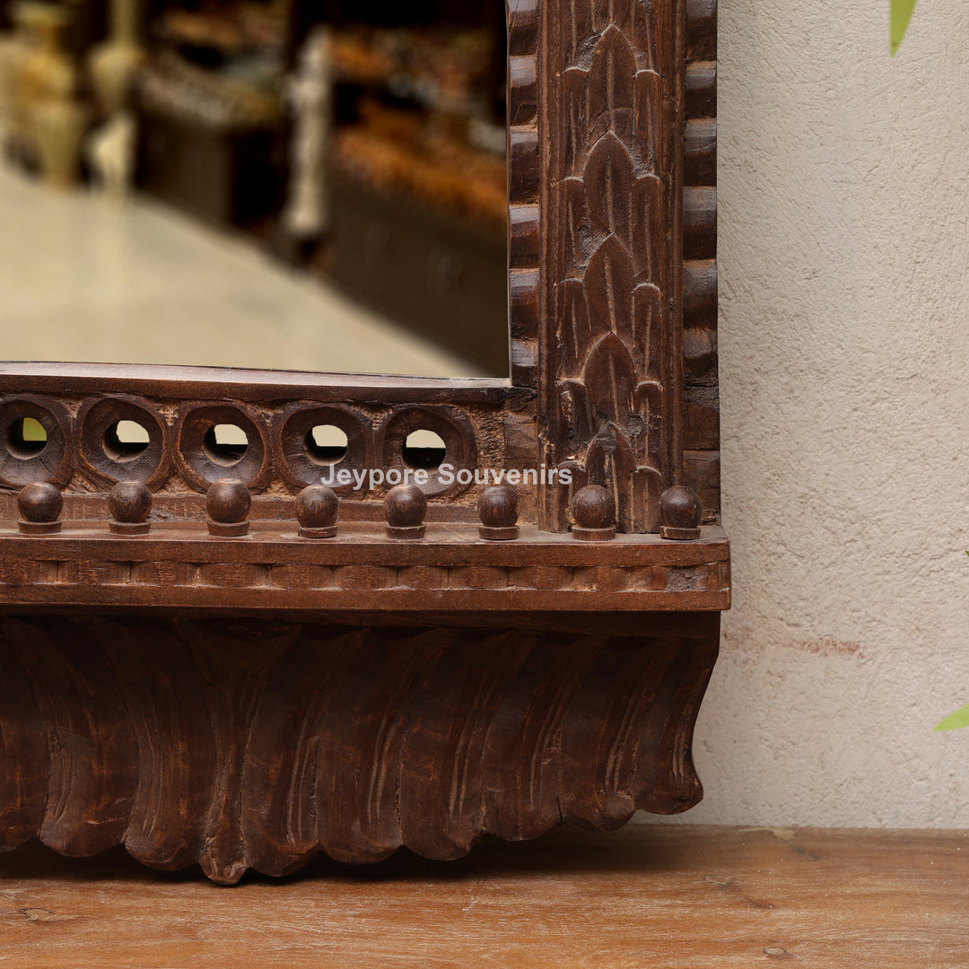 Wooden Single Jharokha Wall Mirror with Rustic Brow Finish