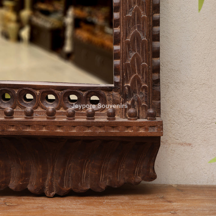 Wooden Single Jharokha Wall Mirror with Rustic Brow Finish