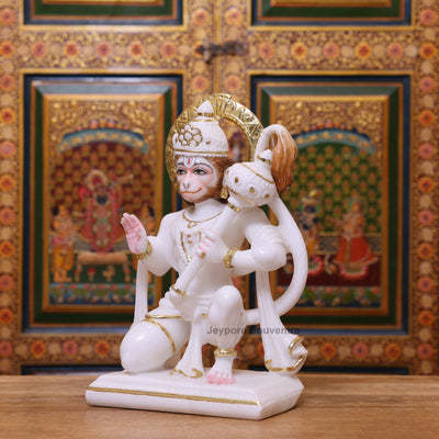 15" Exquisite White Marble Lord Hanuman Idol With Real Gold Leaf Work