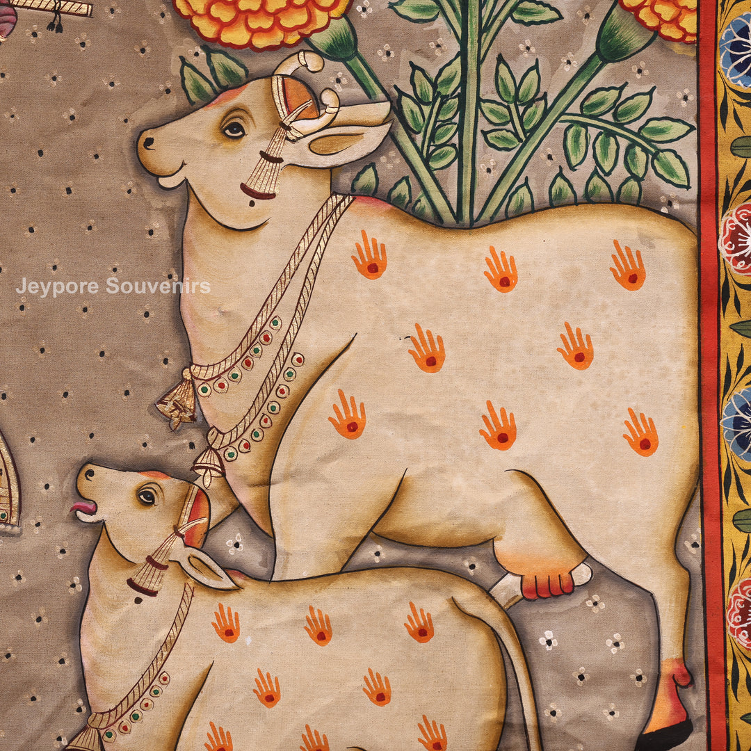 Handcrafted Krishna Flute Pichwai Painting with Cows &amp; Lotus Garden