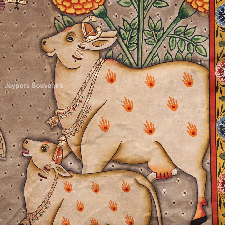 Handcrafted Krishna Flute Pichwai Painting with Cows &amp; Lotus Garden