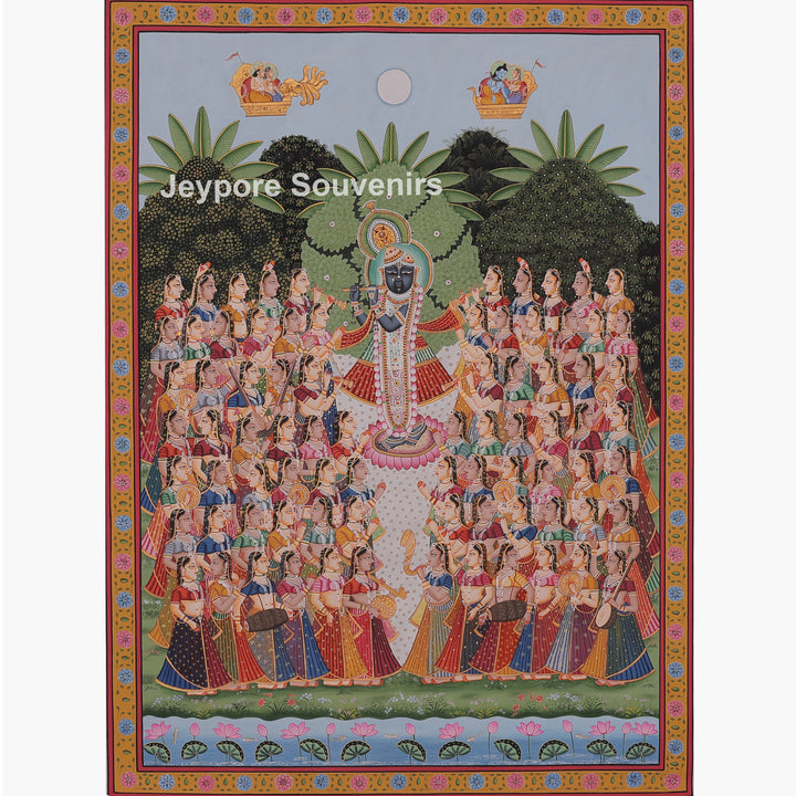 Shrinathji Playing Flute With Many Devotees - Pichwai