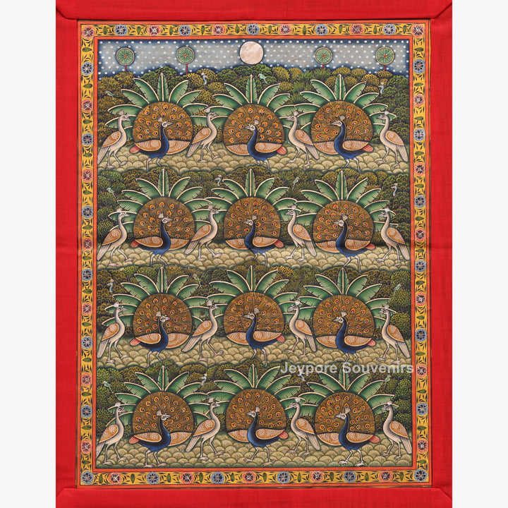 Handcrafted Morakuti Pichwai Painting with Symmetrical Peacocks on Cotton Cloth
