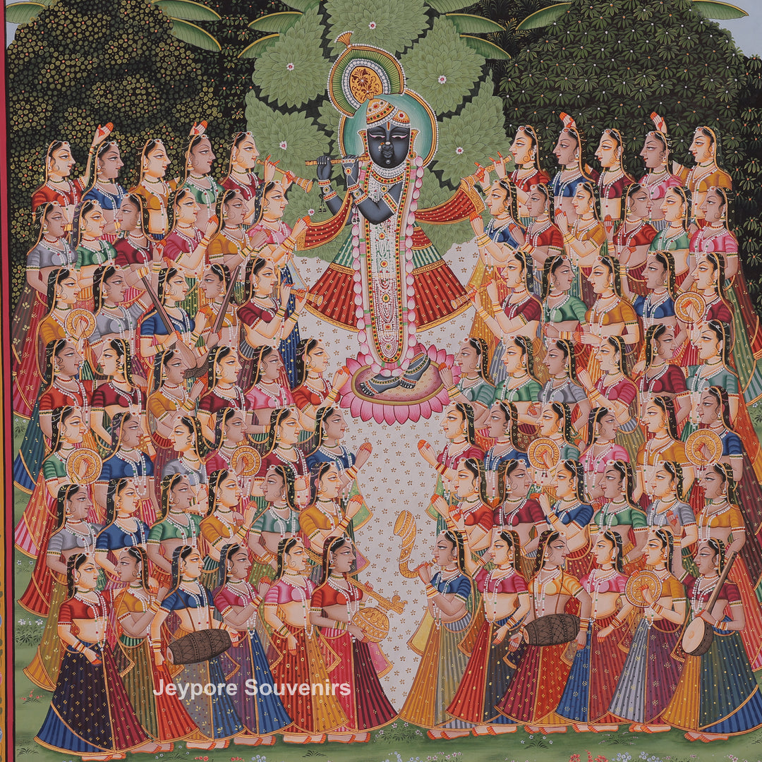 Shrinathji Playing Flute With Many Devotees - Pichwai