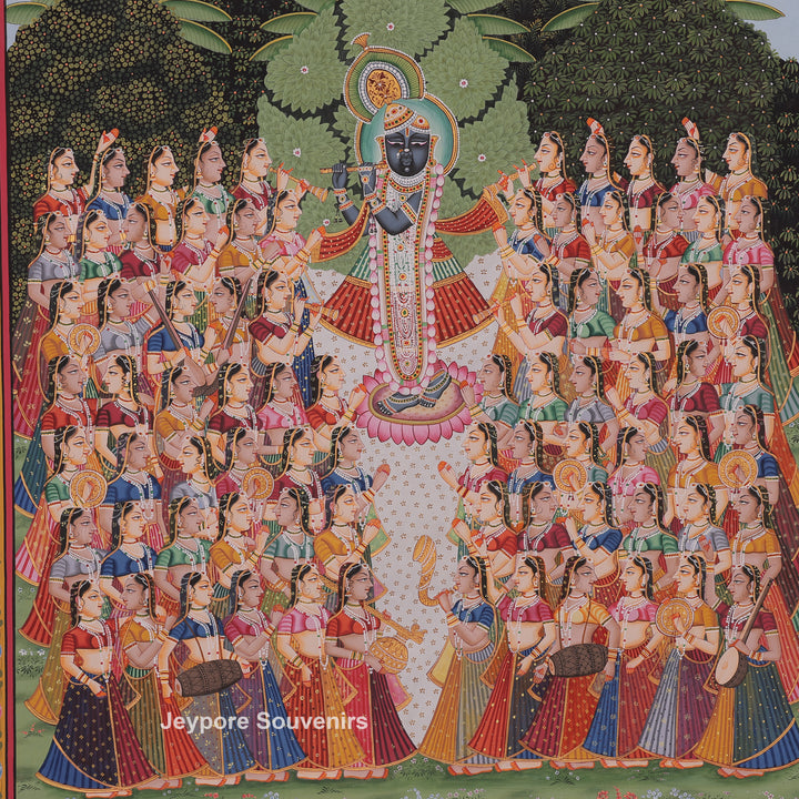 Shrinathji Playing Flute With Many Devotees - Pichwai