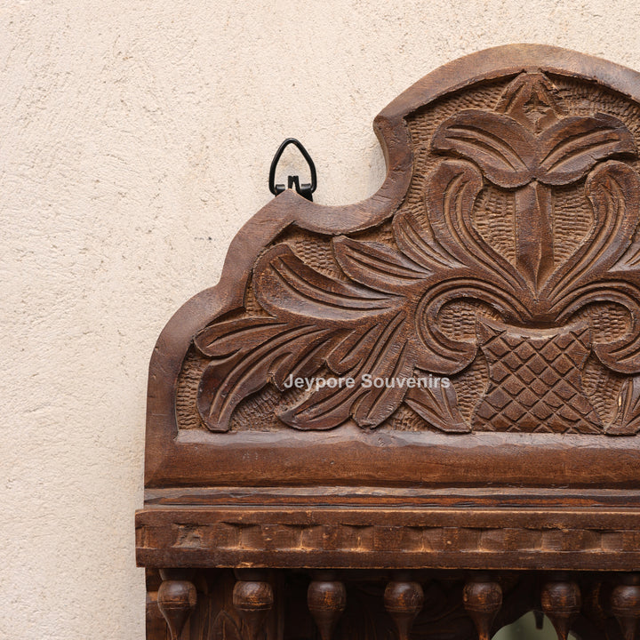Wooden Single Jharokha Wall Mirror with Rustic Brow Finish