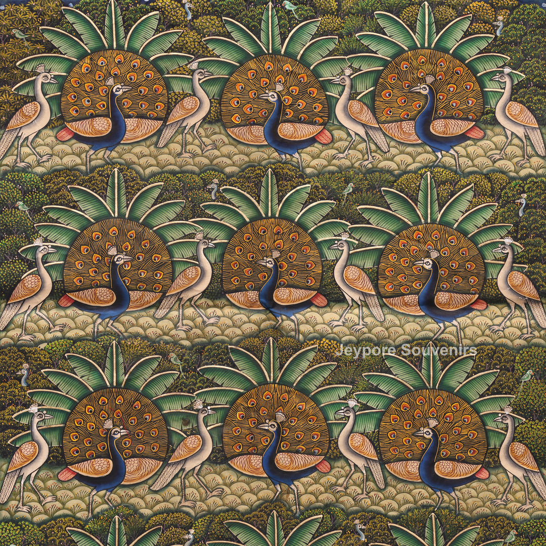Handcrafted Morakuti Pichwai Painting with Symmetrical Peacocks on Cotton Cloth