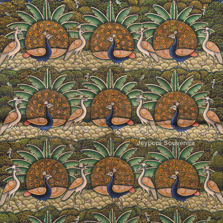 Handcrafted Morakuti Pichwai Painting with Symmetrical Peacocks on Cotton Cloth
