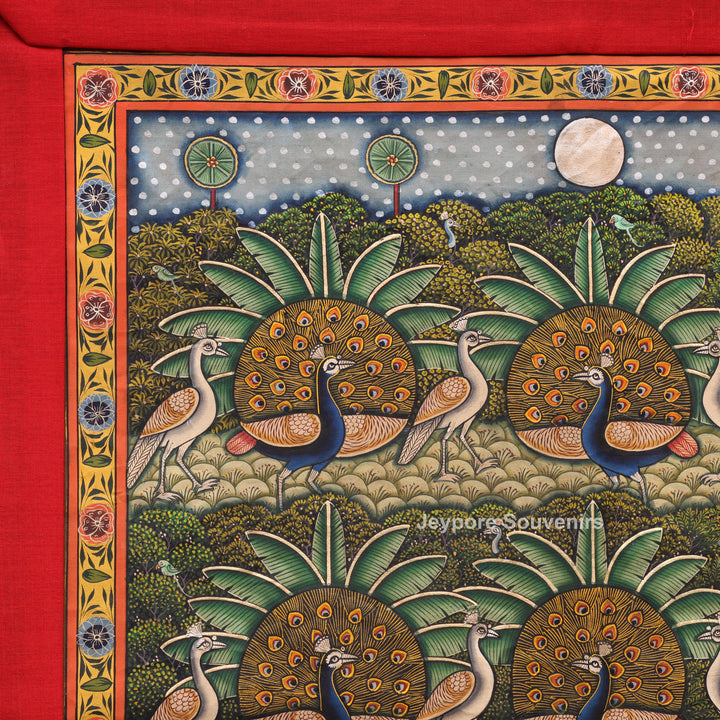 Handcrafted Morakuti Pichwai Painting with Symmetrical Peacocks on Cotton Cloth