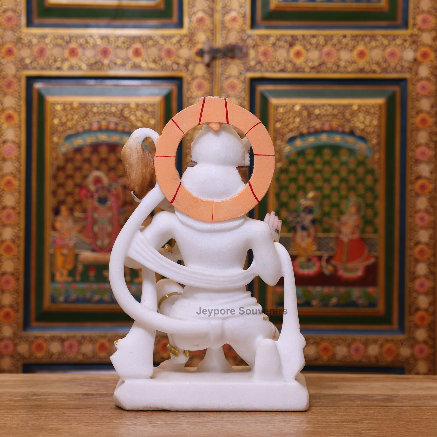 15" Exquisite White Marble Lord Hanuman Idol With Real Gold Leaf Work