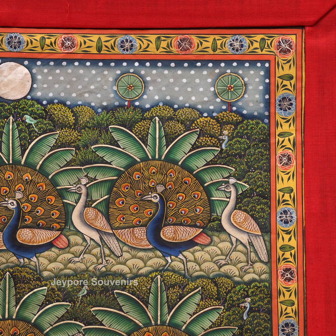 Handcrafted Morakuti Pichwai Painting with Symmetrical Peacocks on Cotton Cloth