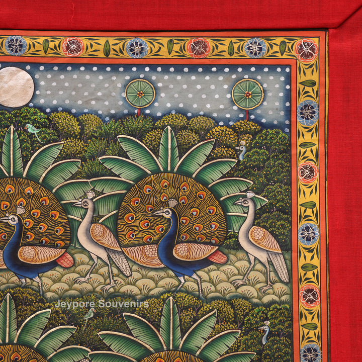 Handcrafted Morakuti Pichwai Painting with Symmetrical Peacocks on Cotton Cloth