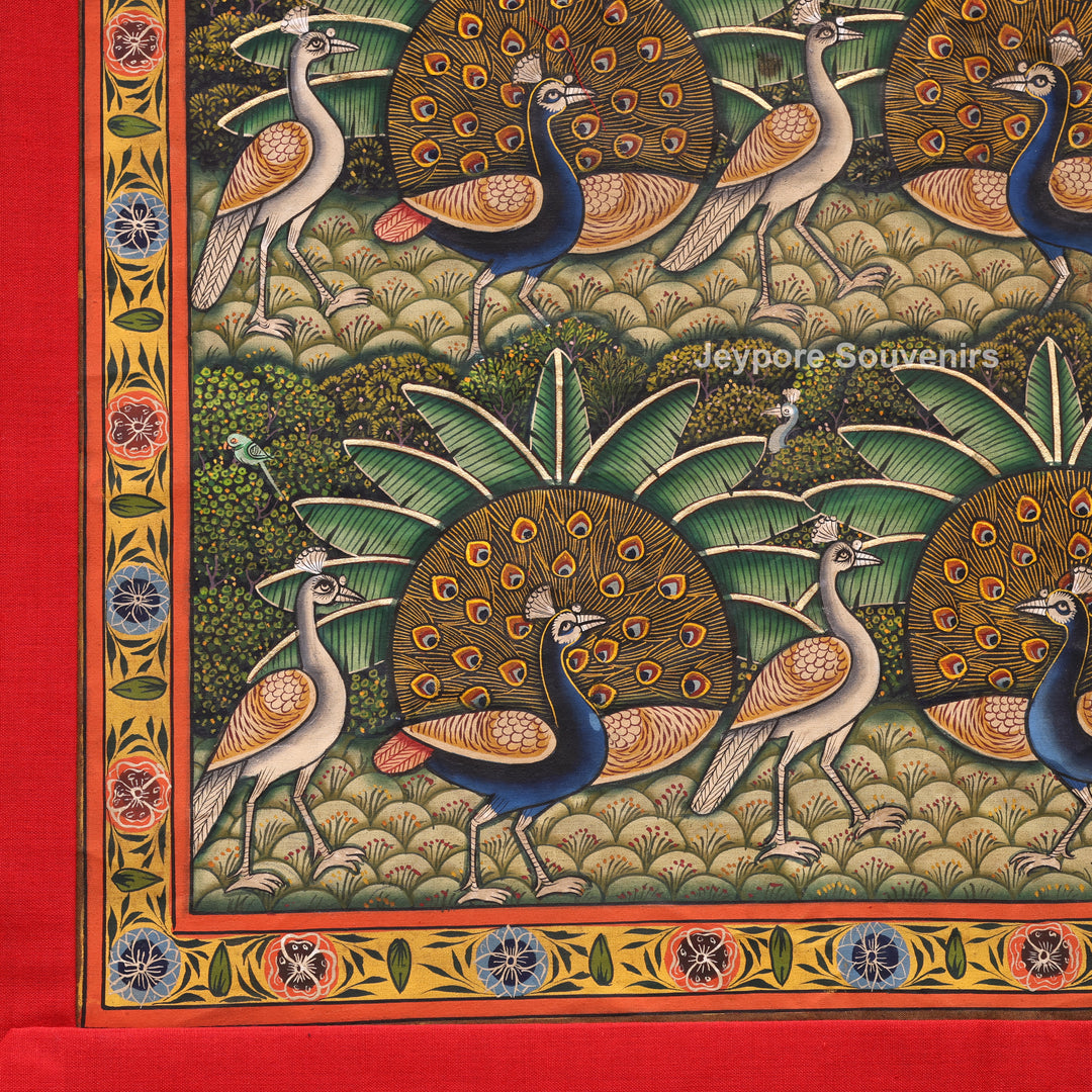 Handcrafted Morakuti Pichwai Painting with Symmetrical Peacocks on Cotton Cloth