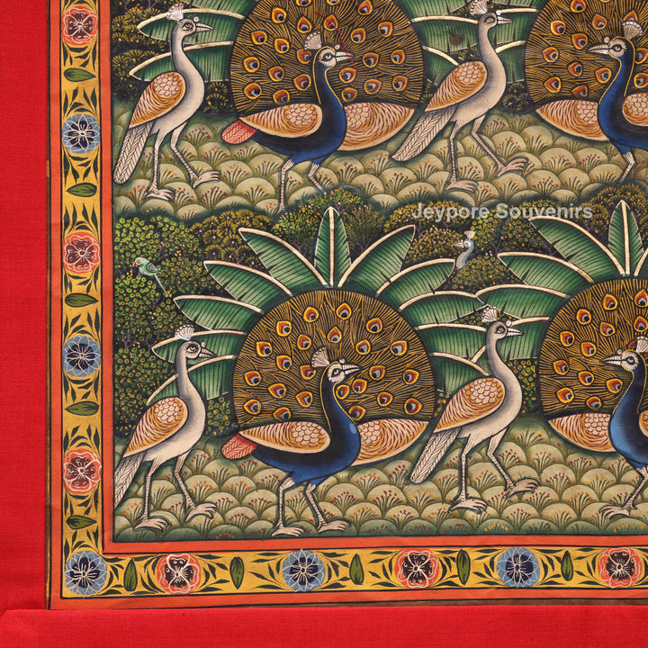 Handcrafted Morakuti Pichwai Painting with Symmetrical Peacocks on Cotton Cloth