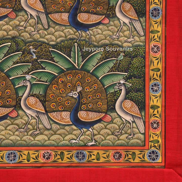 Handcrafted Morakuti Pichwai Painting with Symmetrical Peacocks on Cotton Cloth