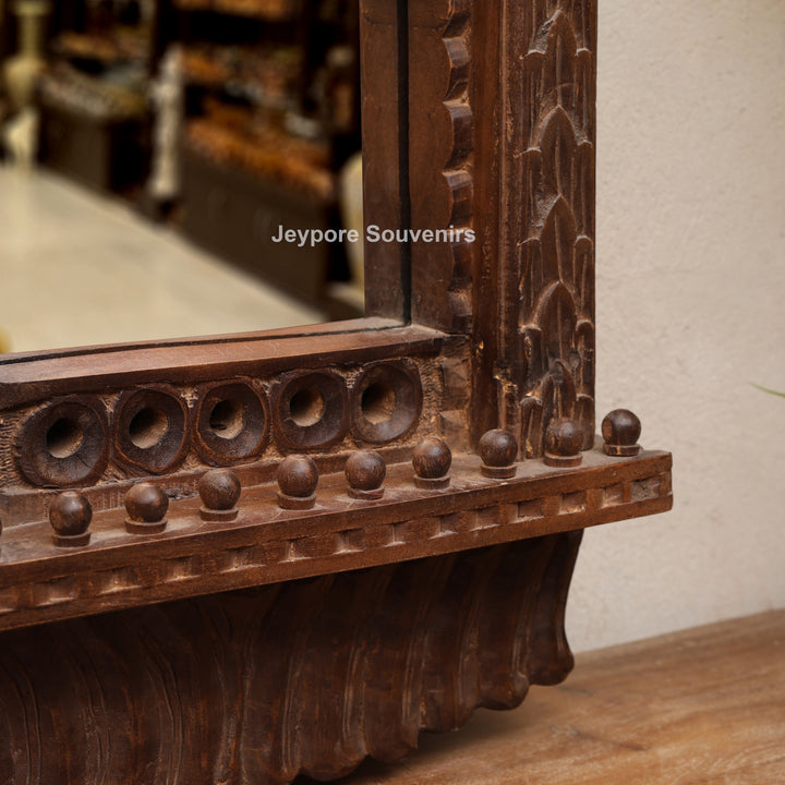 Wooden Single Jharokha Wall Mirror with Rustic Brow Finish