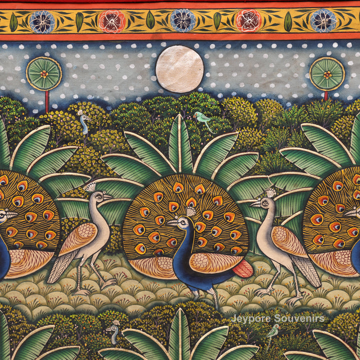 Handcrafted Morakuti Pichwai Painting with Symmetrical Peacocks on Cotton Cloth