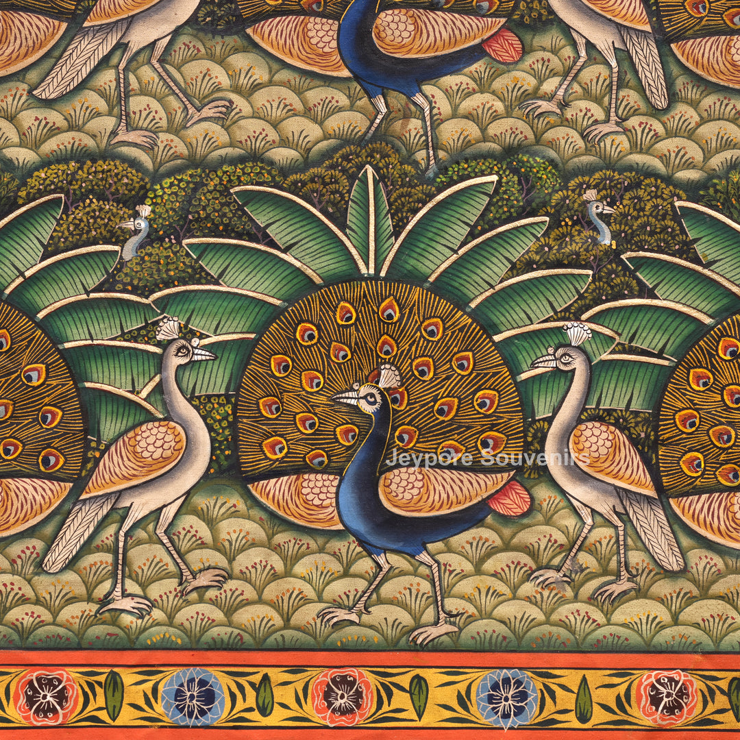 Handcrafted Morakuti Pichwai Painting with Symmetrical Peacocks on Cotton Cloth