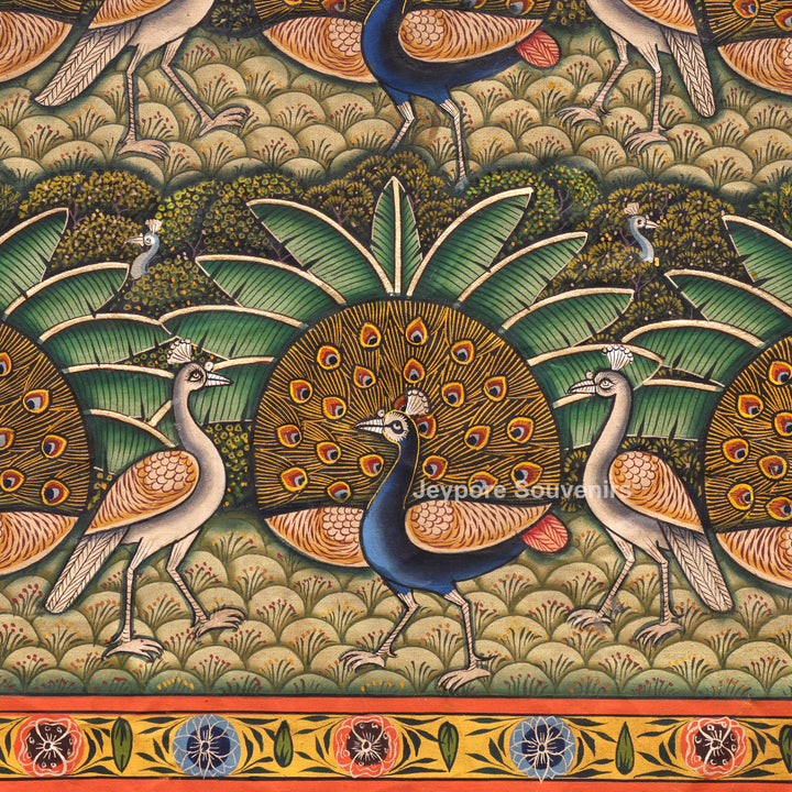 Handcrafted Morakuti Pichwai Painting with Symmetrical Peacocks on Cotton Cloth