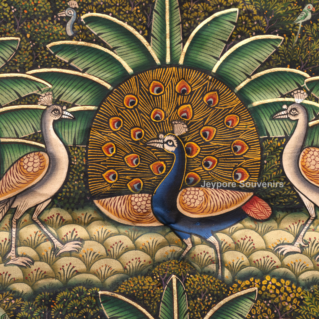 Handcrafted Morakuti Pichwai Painting with Symmetrical Peacocks on Cotton Cloth