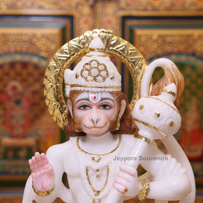 15" Exquisite White Marble Lord Hanuman Idol With Real Gold Leaf Work