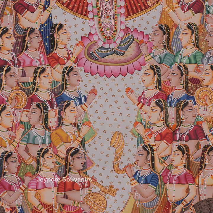 Shrinathji Playing Flute With Many Devotees - Pichwai