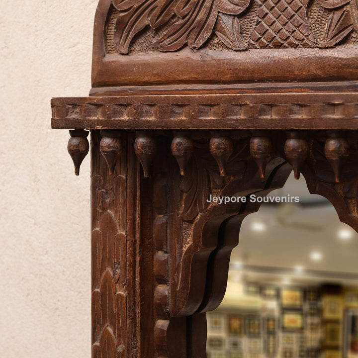 Wooden Single Jharokha Wall Mirror with Rustic Brow Finish