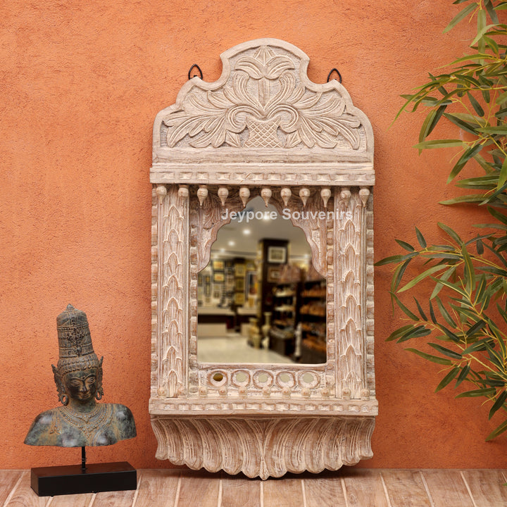 Hand-Carved Rustic White Wooden Jharokha Wall Mirror