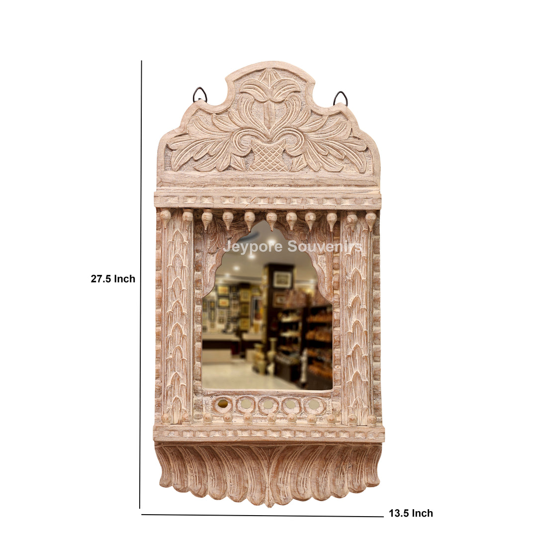 Hand-Carved Rustic White Wooden Jharokha Wall Mirror