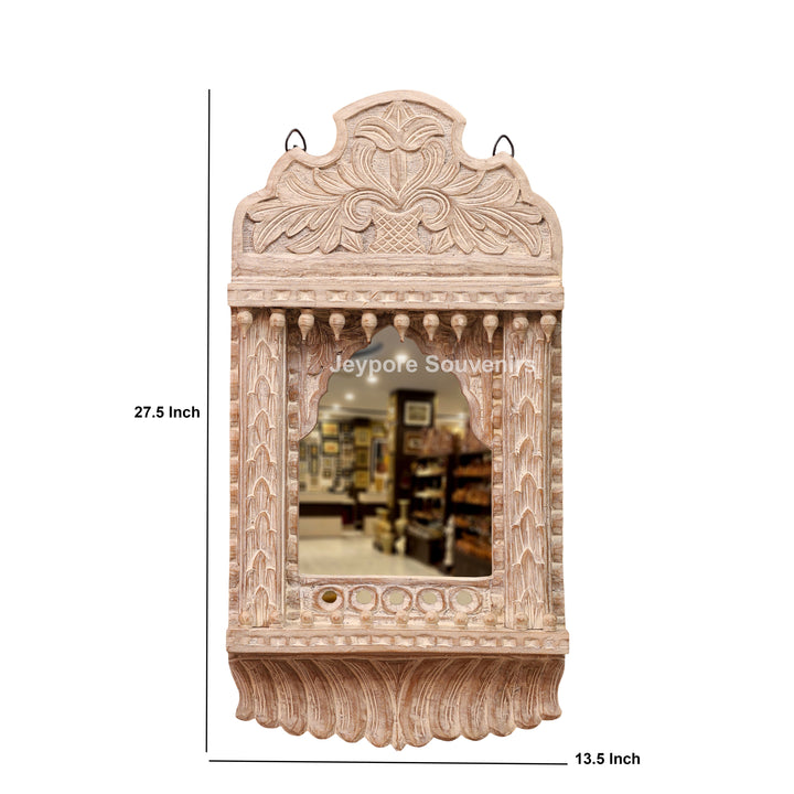 Hand-Carved Rustic White Wooden Jharokha Wall Mirror