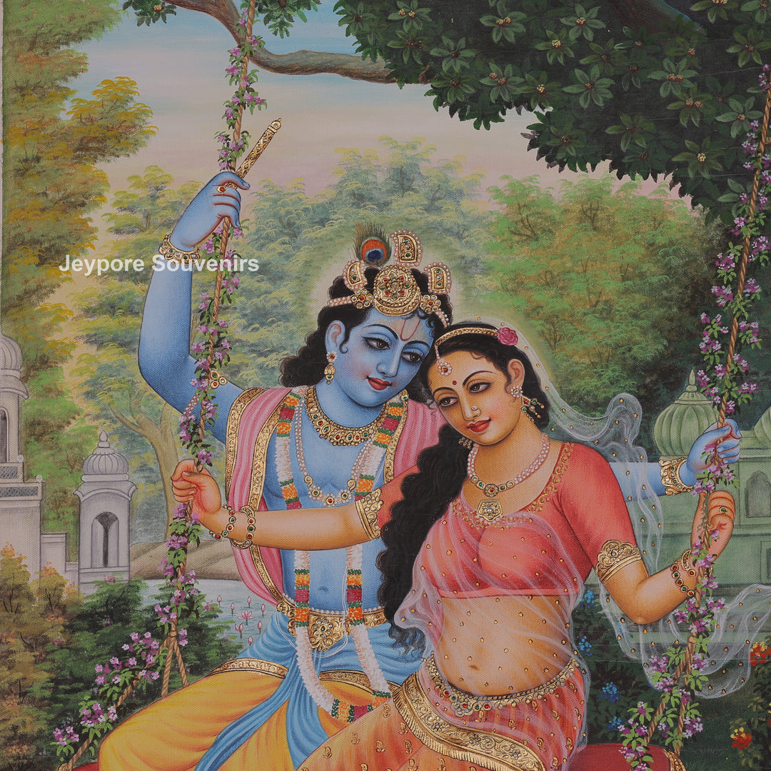 Krishna and Radha on a Garden Swing - Canvas Painting