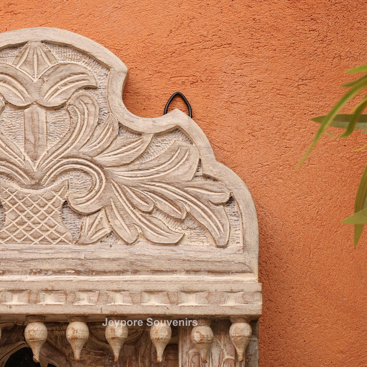 Hand-Carved Rustic White Wooden Jharokha Wall Mirror