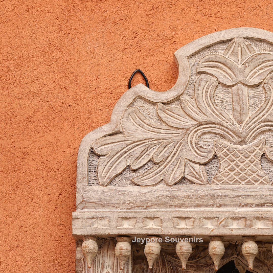 Hand-Carved Rustic White Wooden Jharokha Wall Mirror