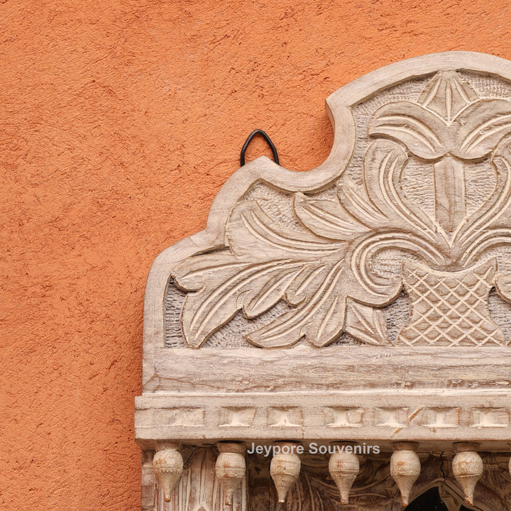 Hand-Carved Rustic White Wooden Jharokha Wall Mirror