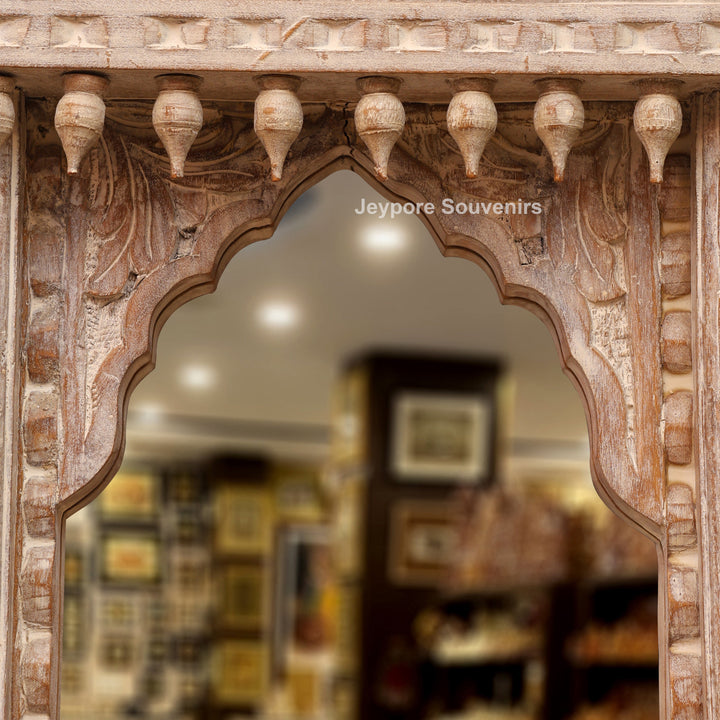 Hand-Carved Rustic White Wooden Jharokha Wall Mirror