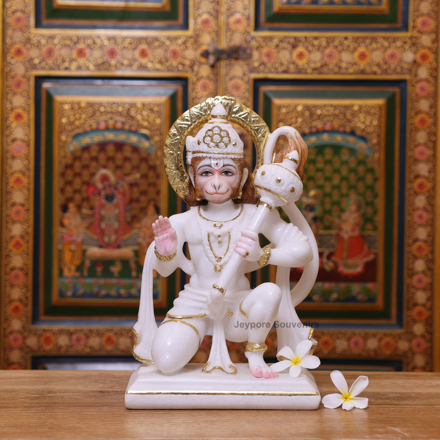 15" Exquisite White Marble Lord Hanuman Idol With Real Gold Leaf Work