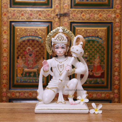 15" Exquisite White Marble Lord Hanuman Idol With Real Gold Leaf Work