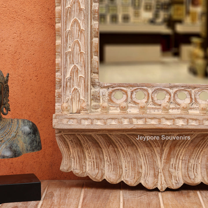Hand-Carved Rustic White Wooden Jharokha Wall Mirror