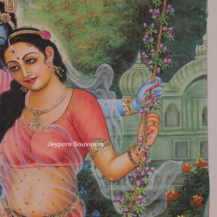 Krishna and Radha on a Garden Swing - Canvas Painting